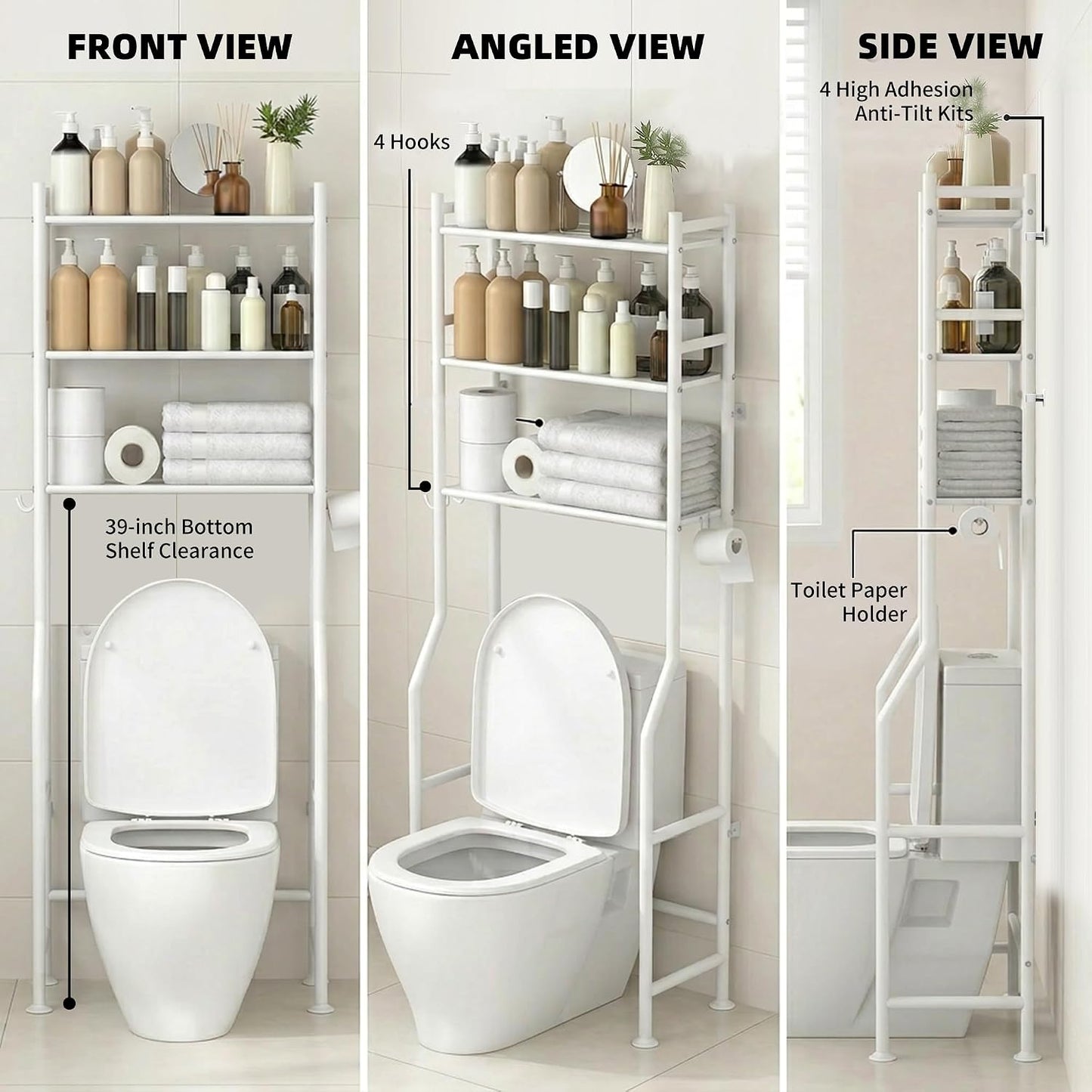 GloTika 3-Tier Over Toilet Storage, Anti-Tilt, 64" H, Black | Anti-Tilt Safety System, 150lb Capacity, Carbon Steel, Freestanding, No Drilling, Anti-Rust Coating, Paper Holder & 4 Hooks