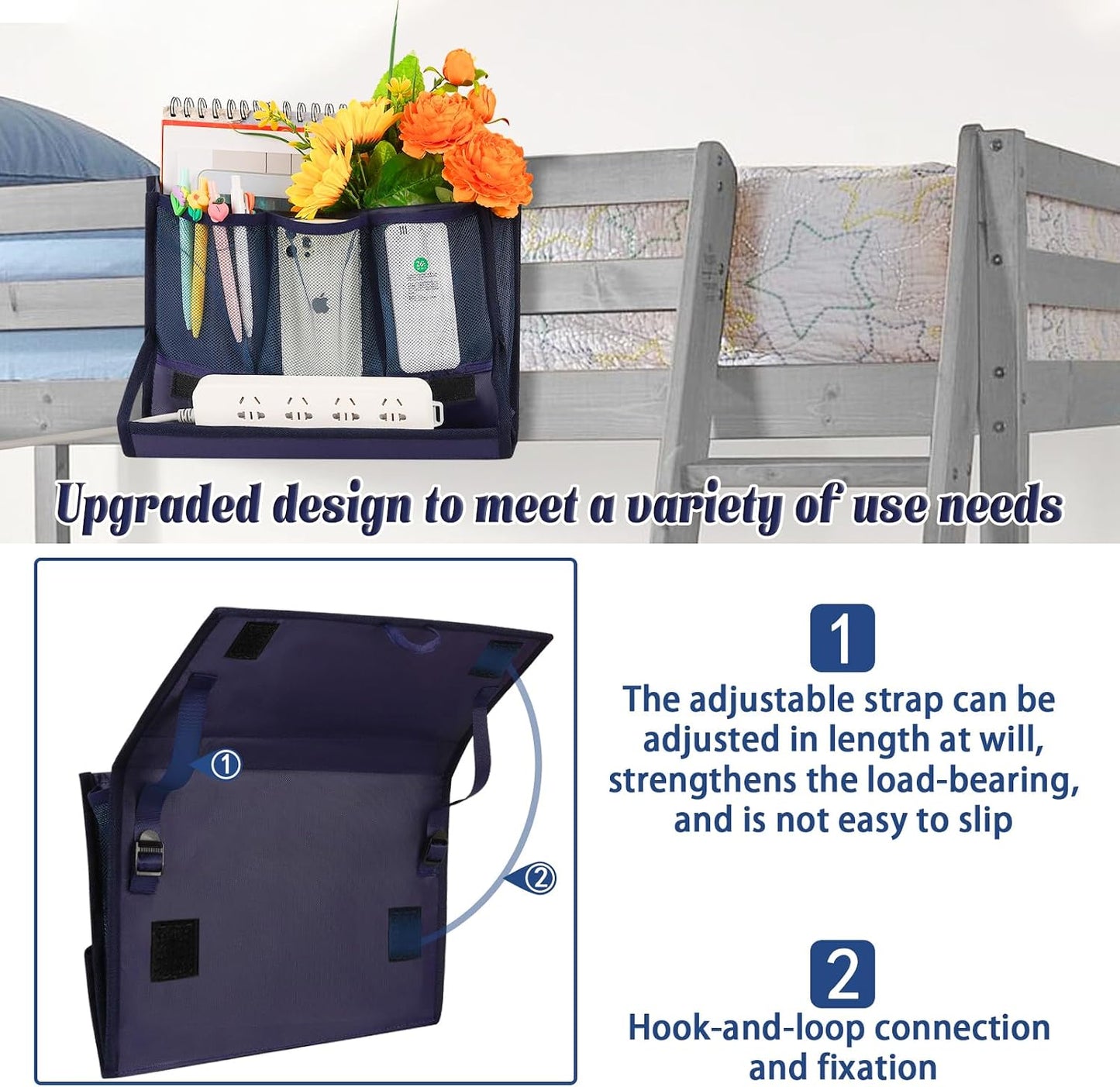 Bedside Caddy Organizer for Dorm Bed Rails with 7 Pockets, Gray | Bed Pockets Bedside Storage with Power Strip Holder & 2 Adjustable Straps for Home, College, Dorm, Hospital Bedside Organizer