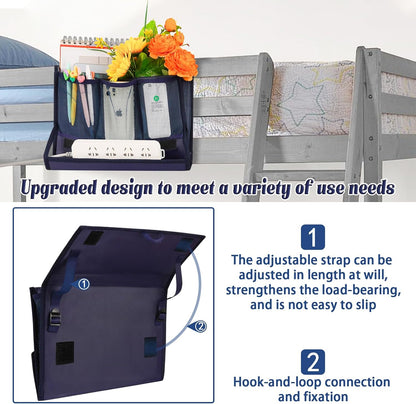Bedside Caddy Organizer for Dorm Bed Rails with 7 Pockets, Gray | Bed Pockets Bedside Storage with Power Strip Holder & 2 Adjustable Straps for Home, College, Dorm, Hospital Bedside Organizer