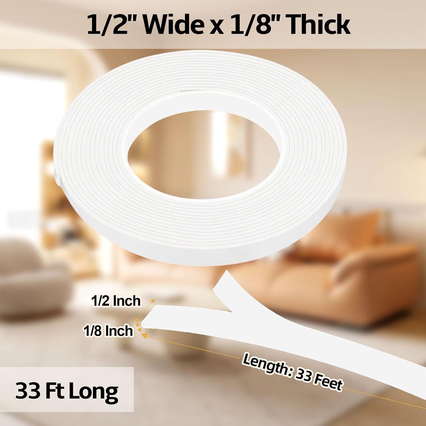 1 in Wide x 1/8 in Thick x 33FT Foam Weather Stripping Door Seal,Window Sealing Tape，Single-Sided Self-Adhesive Insulation Sealing Strip White