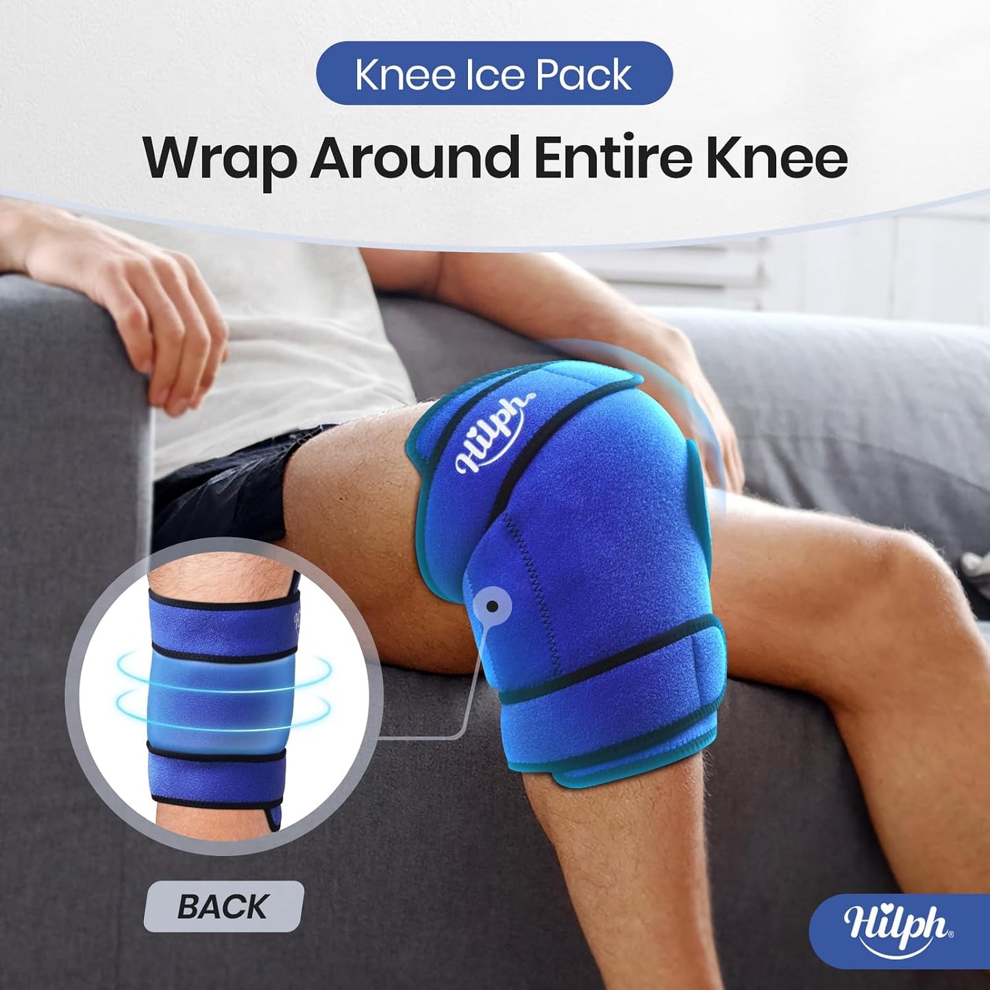 Hilph Knee Ice Pack Wrap, Adjustable Knee Brace with 2 Gel Ice Packs, Blue | Full Coverage, Hot Cold Therapy, Pain Relief for Replacement Surgery, Arthritis, ACL, Meniscus Tear, Swelling, Leg, Elbow Arm