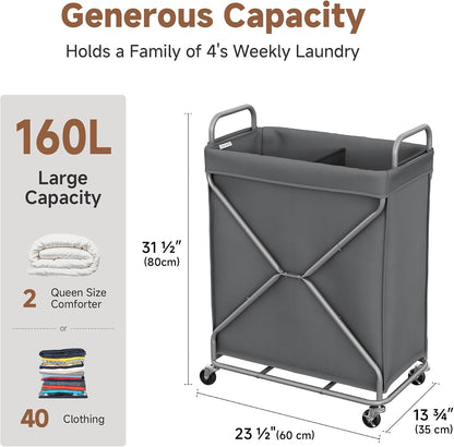StorageWorks 2 Section Laundry Sorter with Wheels, 160L Beige Hamper Basket | Beige Divided Hamper, Rolling Organizer for Bedroom, Bathroom, College, Apartment