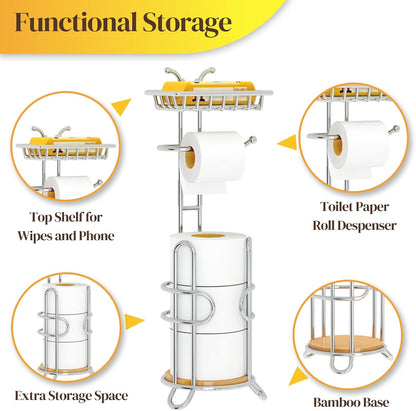 Toilet Paper Holder Stand with Shelf, Free Standing Tissue Roll Storage Rack with Dispenser for Bathroom, Black