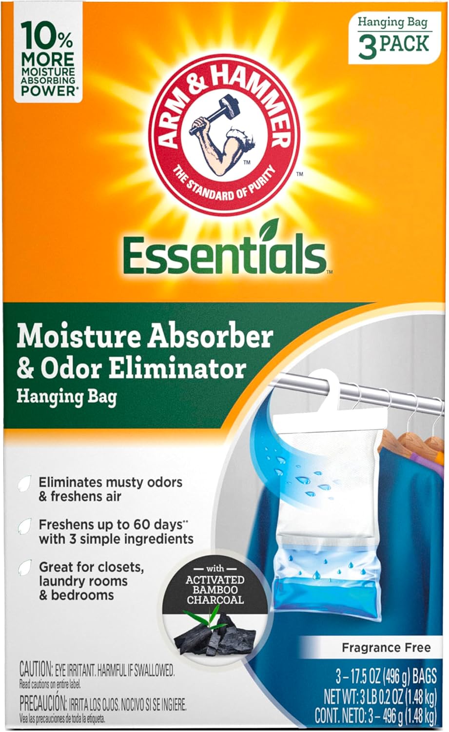 Arm & Hammer Essentials Hanging Moisture Absorber and Odor Eliminator, 17.5 oz., 3 Pack, Linen Fresh, Moisture Absorbers for Closets, Laundry Rooms and Bedrooms, Long-Lasting Freshness