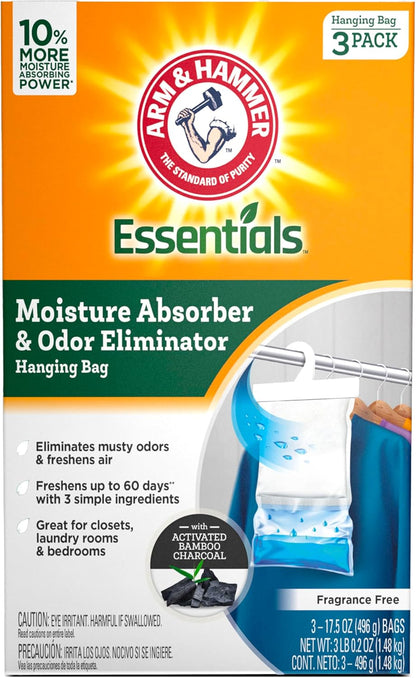 Arm & Hammer Essentials Hanging Moisture Absorber and Odor Eliminator, 17.5 oz., 3 Pack, Linen Fresh, Moisture Absorbers for Closets, Laundry Rooms and Bedrooms, Long-Lasting Freshness