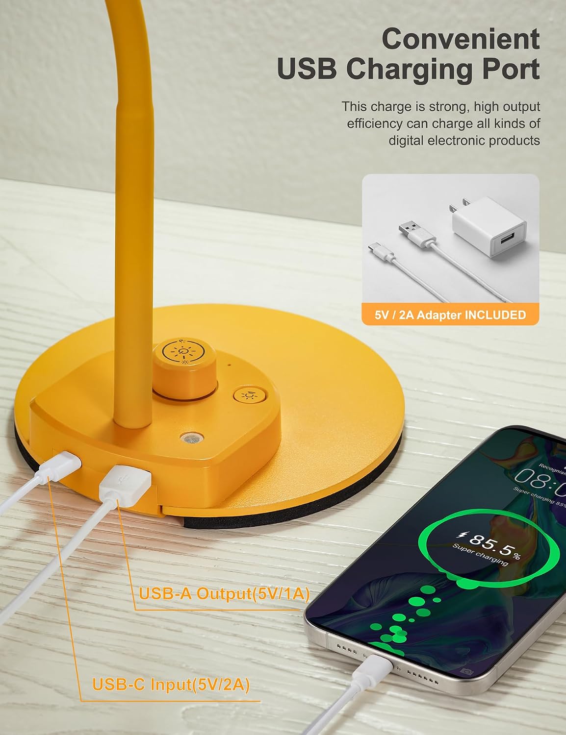 BOHON LED Desk Lamp with USB Charging Port 3 Color Modes Dimmable, Black | Reading Light Intelligent Induction Auto Dimming Task Lamp Neck Flexible Table Lamp for Bedside Office, AC Adapter Include