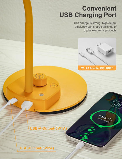 BOHON LED Desk Lamp with USB Charging Port 3 Color Modes Dimmable, Black | Reading Light Intelligent Induction Auto Dimming Task Lamp Neck Flexible Table Lamp for Bedside Office, AC Adapter Include