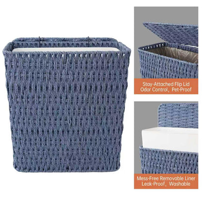 Coeusy 3 Gallon Wicker Trash Can,Small Bathroom Trash Can with Lid,Natural Water Hyacinth Wicker Waste Basket for Bedroom,Toilet,Narrow Garbage Can with Removable Liner