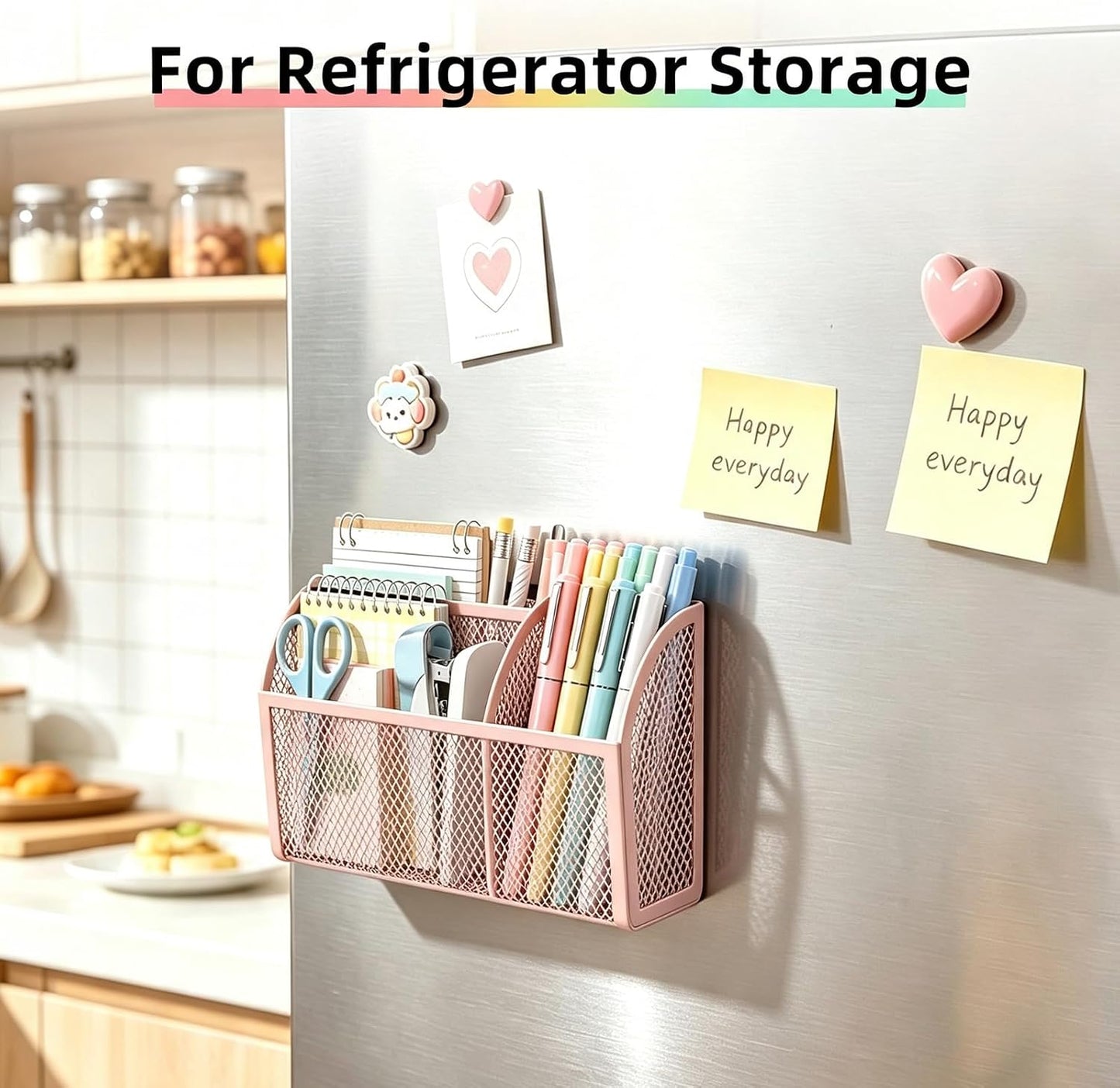 Magnetic Pencil Holder, Magnetic Organizer for Locker Accessories, Black | Mesh Marker Holder with Strong Magnets and 3 Compartments for Whiteboards Refrigerators and Magnetic Lockers