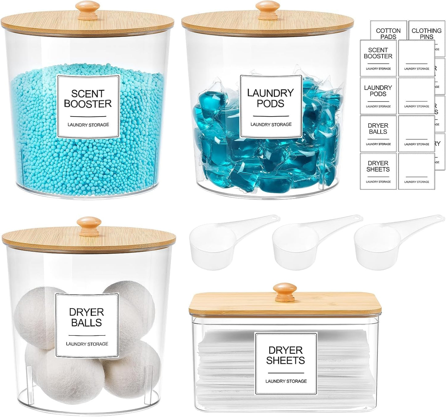 Laundry Pods Container & Dryer Sheet Holder, Laundry Room Organization and Storage Jars with Lids, Labels & Scoops for Powder Detergent Scent Booster, Black Lid