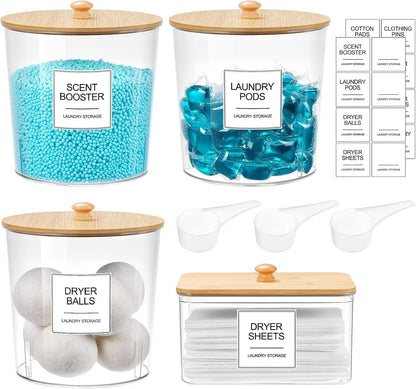 Laundry Pods Container & Dryer Sheet Holder, Laundry Room Organization and Storage Jars with Lids, Labels & Scoops for Powder Detergent Scent Booster, Black Lid