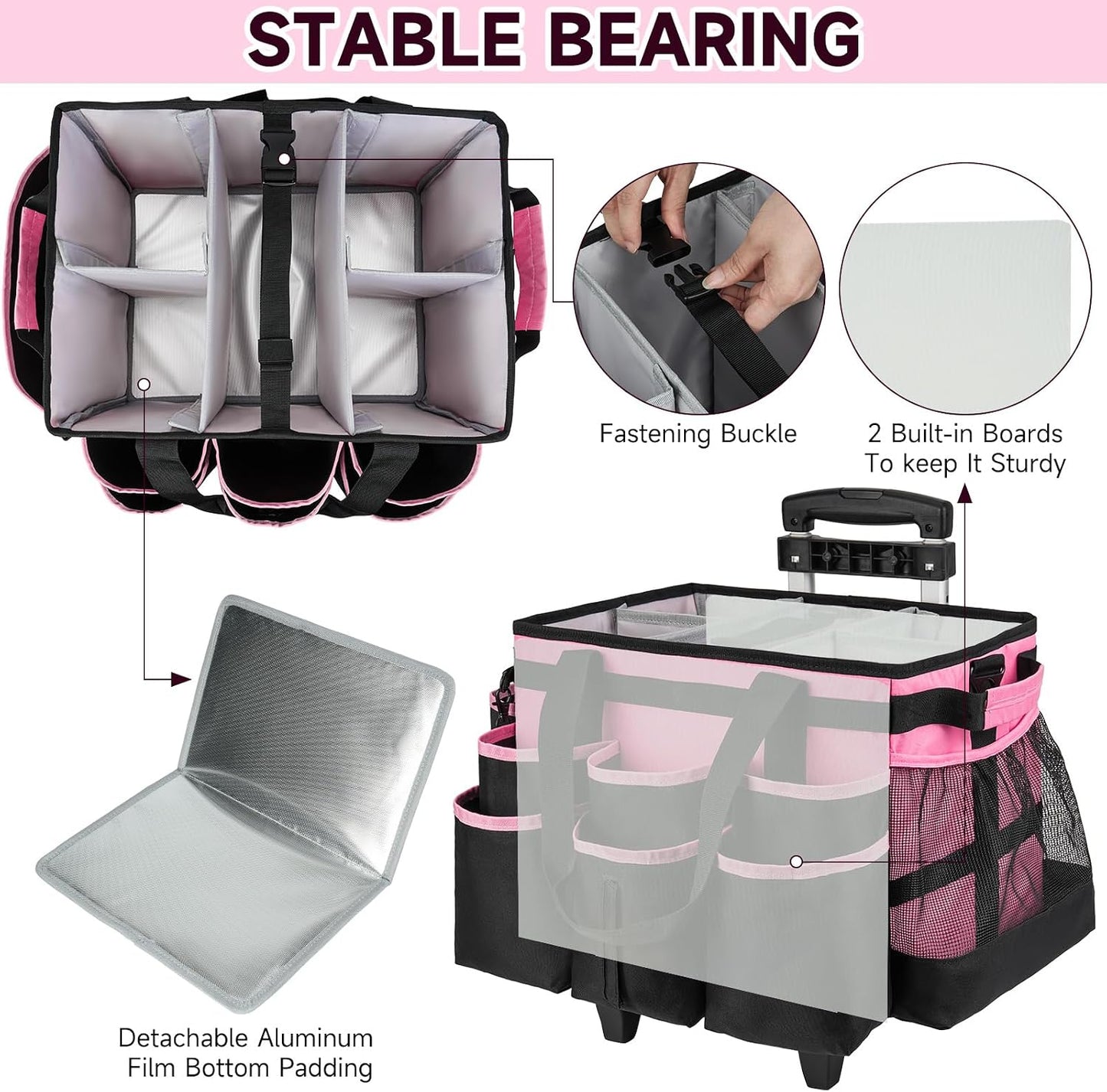Large Rolling Cleaning Caddy Bag with Detachable Trolley,Cleaning Cart on Wheels with Shoulder Strap,Cleaning Supplies Organizer for Housekeepers,Purple