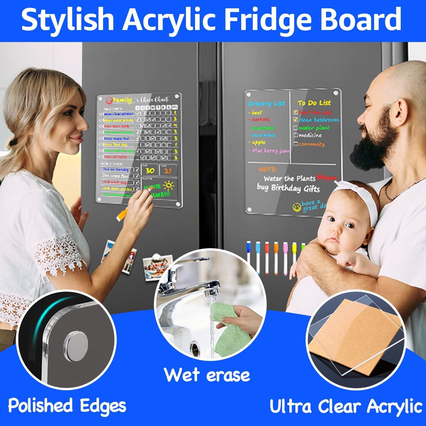 PigPotParty Acrylic Magnetic Chore Chart for Kids, 12x9.5 Inch, 2 Pack | Sleek Clear Acrylic Design, Reward System Builds Habits, Built-In Magnets Require No Installation, 8 Wet-Erase Markers