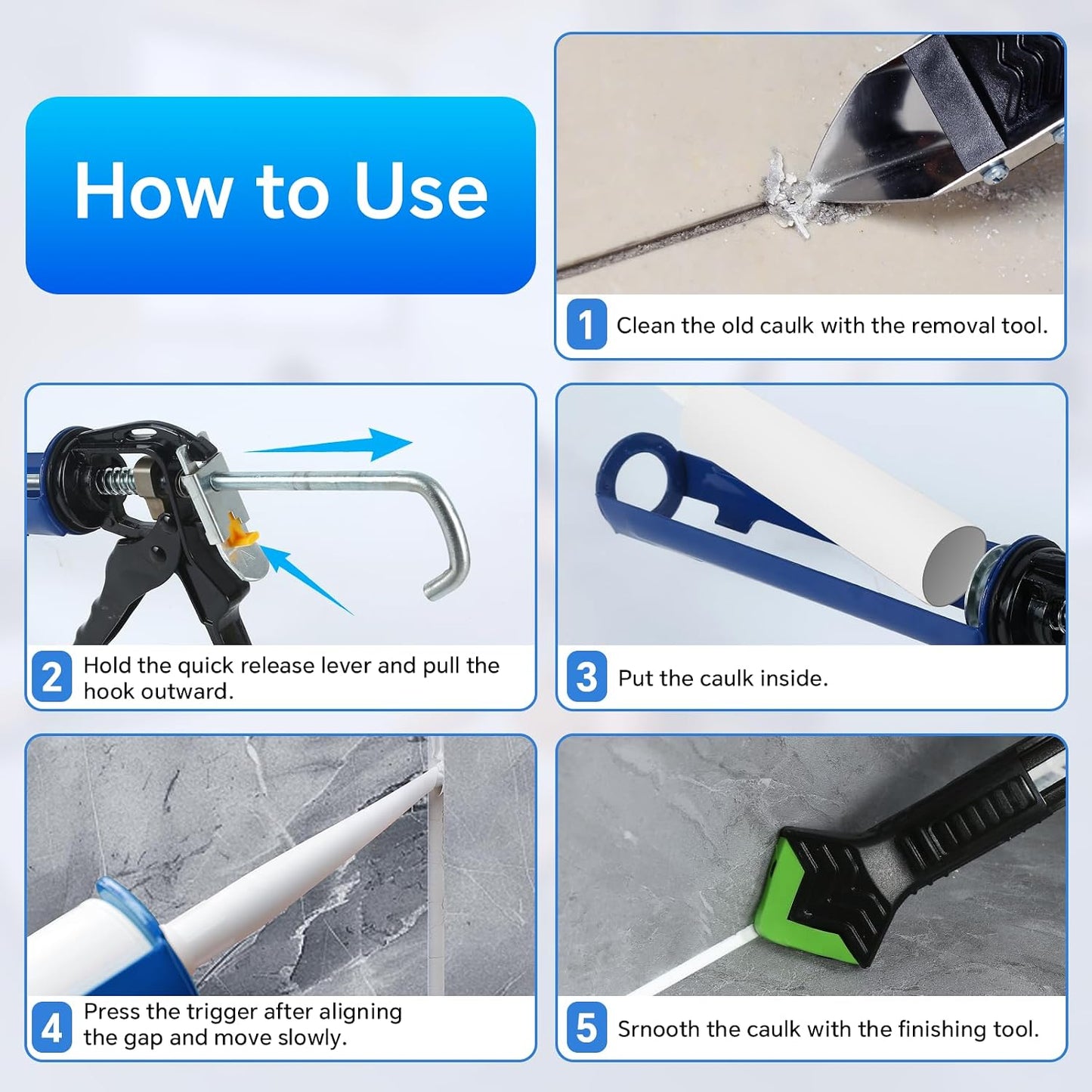 Silicone Caulking Tool,5 in1 caulk remover tool with Grout Scraper,caulking tool kit，Adhesive Residue Scraper Seam Repair Tool Kit for Kitchen Bathroom
