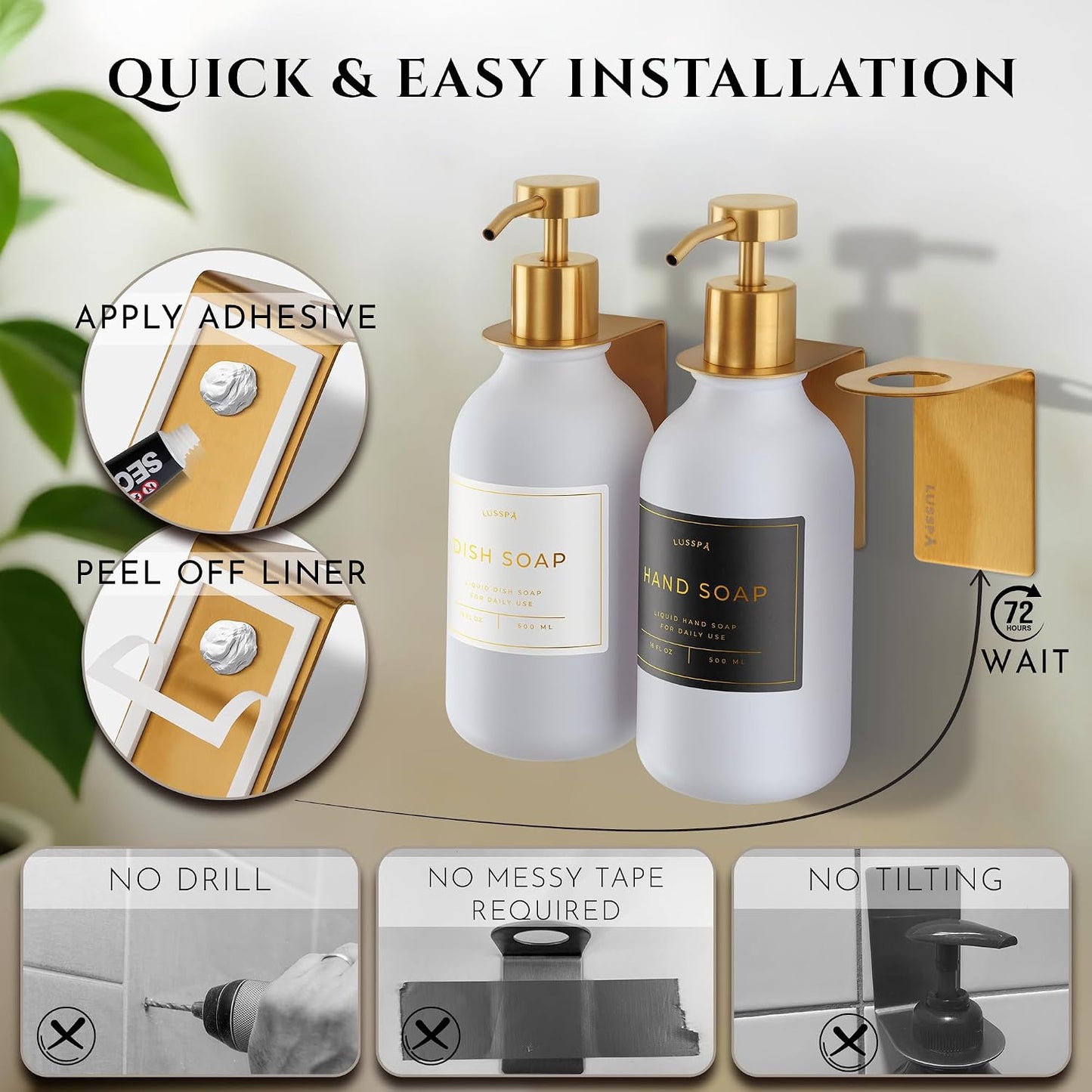 Shower Shampoo Dispenser Wall Mounted – 3 Refillable 16.9 oz Clear Bottles with Stainless Steel Pumps & No-Drill Adhesive Holders – Soap Dispenser Set for Bathroom (3 X Clear/Silver)