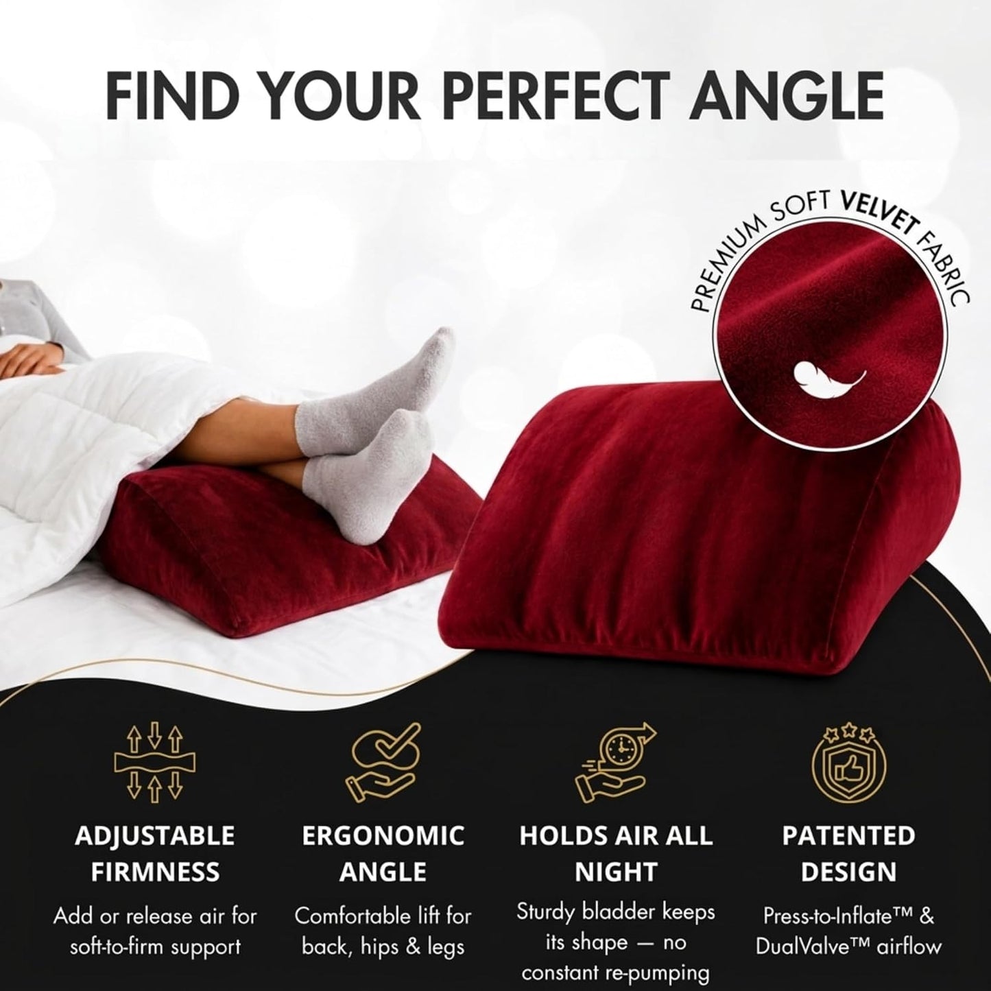 Maison Cozy® Inflatable Wedge Pillow for Travel and Sleeping - Adjustable Body Positioner for Back Support, Leg Elevation, Reading in Bed, Washable Velvet Cover, Travel Pouch (Sand Beige)