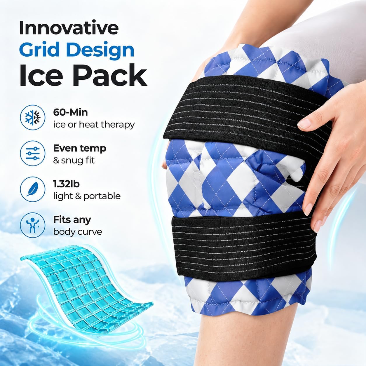 WORLD-BIO Ice Packs for Injuries Reusable, Knee Ice Pack Wrap with Straps, Gel Ice Wrap for Leg Pain Relief, Hot & Cold Compress Therap for Swelling, Water Soak Needed, Light Blue, 1Pack