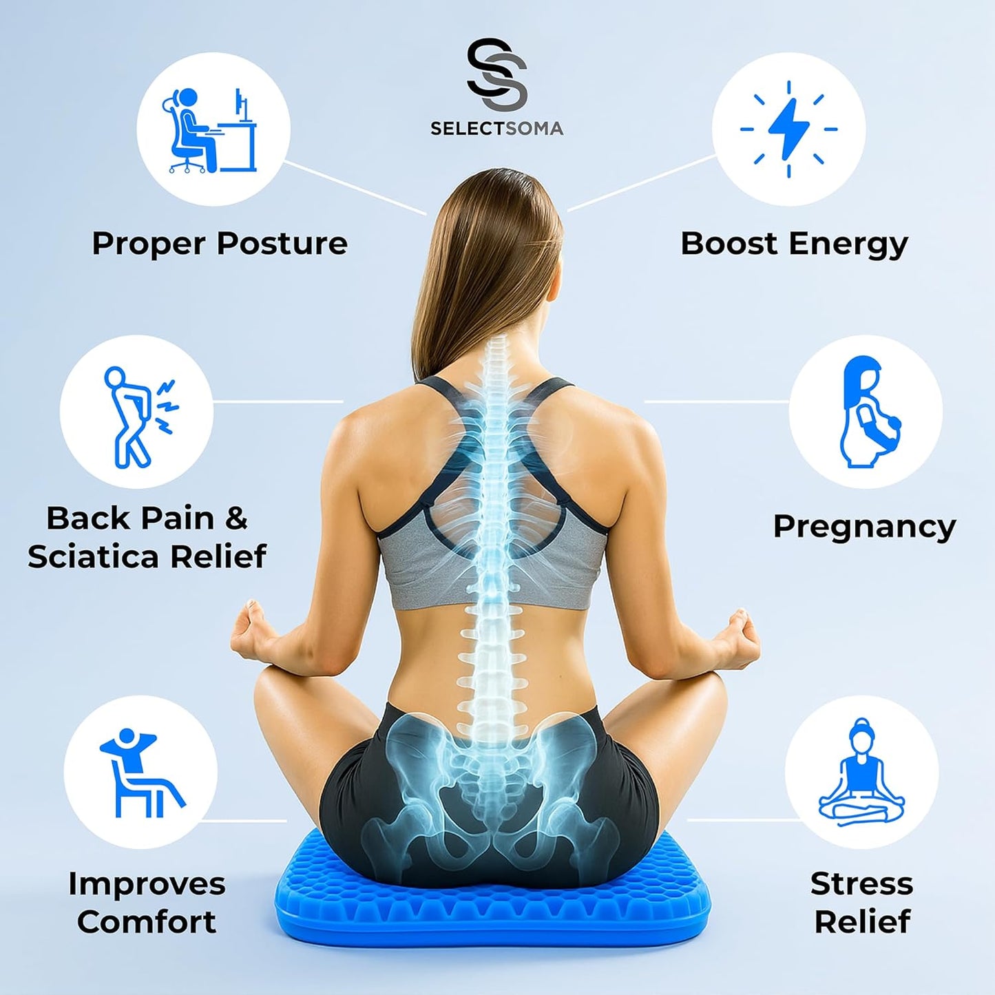 SelectSoma Gel Seat Cushion for Long Sitting, Pressure Relief for Sciatica, Tailbone, Coccyx & Back Pain, Office Chair, Wheelchair, Car & Truck – Standard Size Blue Gel