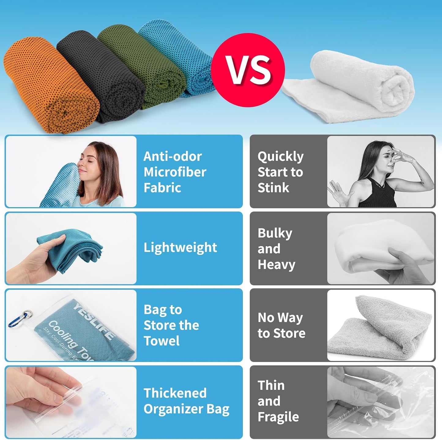 YESLIFE Cooling Towels, 4-Pack 40"x12", Multicolor Set A | Microfiber gym towels, soft breathable neck wrap, cooling towel for yoga running sport camping, Multicolor, 4-pack