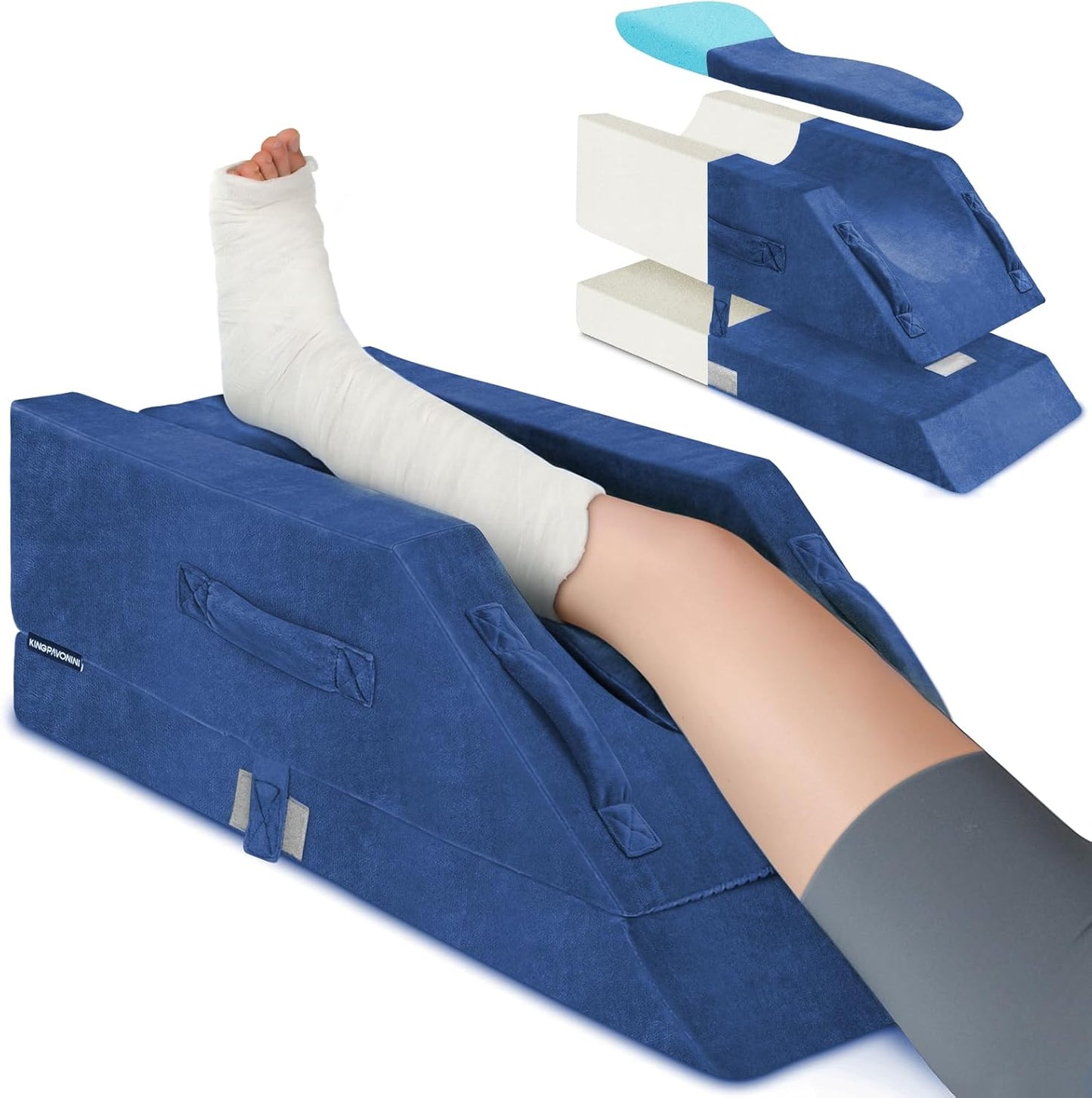 KingPavonini 4-Height Adjustable Leg Elevation Pillows for After Surgery | Soft Yet Supportive Memory Foam, Fits Various Heights, Relieve Pain & Swelling, 4 Handles & Insert Pad, Washable Velvet Cover