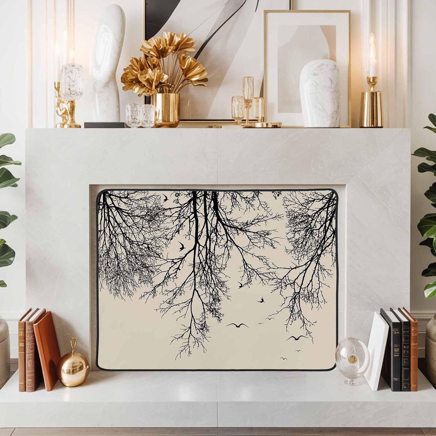 Magnetic Fireplace Cover Tree Branches Bird Fireplace Screen Decorative Brown Black Twigs Deadwood Insulation Fireplace Blocker Save Energy Fireplace Draft Stopper Covers for Living Room 45x34 Inch