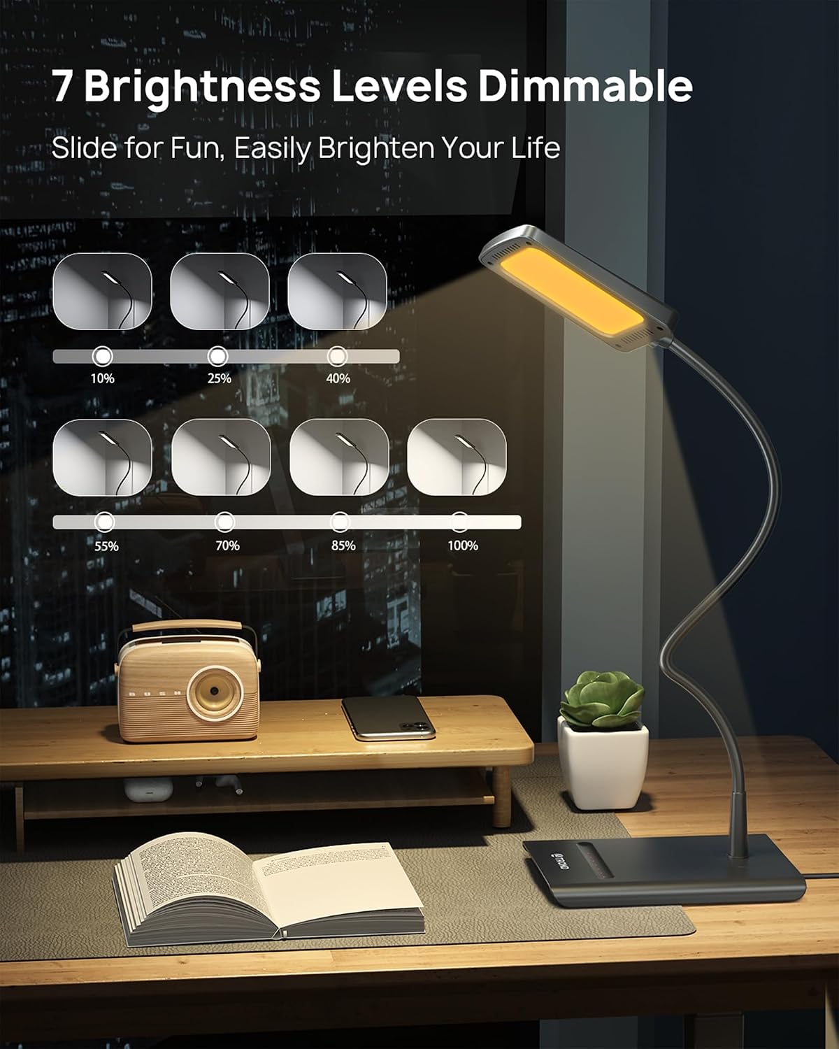 TROND Desk Lamp, Dimmable Eye-Caring Table Lamp, Memory Function, Black | 3 Color Modes 7 Brightness Levels, Flexible Gooseneck, Touch Control, Desk Light for Home Office Dorm Room Essentials