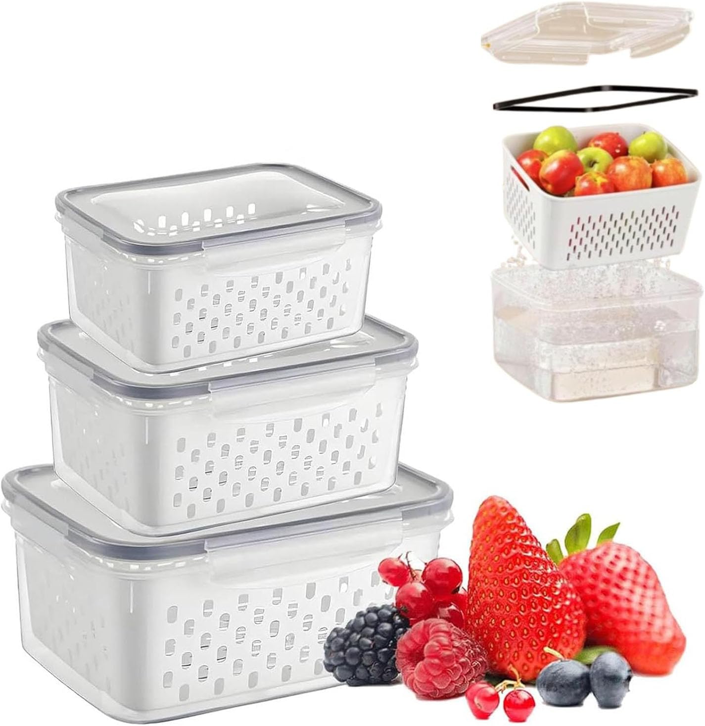 4 in 1 Food Storage Container-2/3 Pack Set with Lids, Fruit Storage Containers for Fridge with Removable Colander,Stackable Fridge Transparent Plastic Storages Box, Dishwasher Safe (Gray, S+M+L)