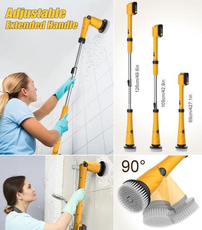 Qimedo Electric Spin Scrubber Q3, 6000mAh, Extra-Large Brush Head, 1200RPM | Floor Scrubber Machine with Long Handle, Cordless Cleaning Brush, 8 Brush Heads and Smart Display for Showers, Tubs and Tile