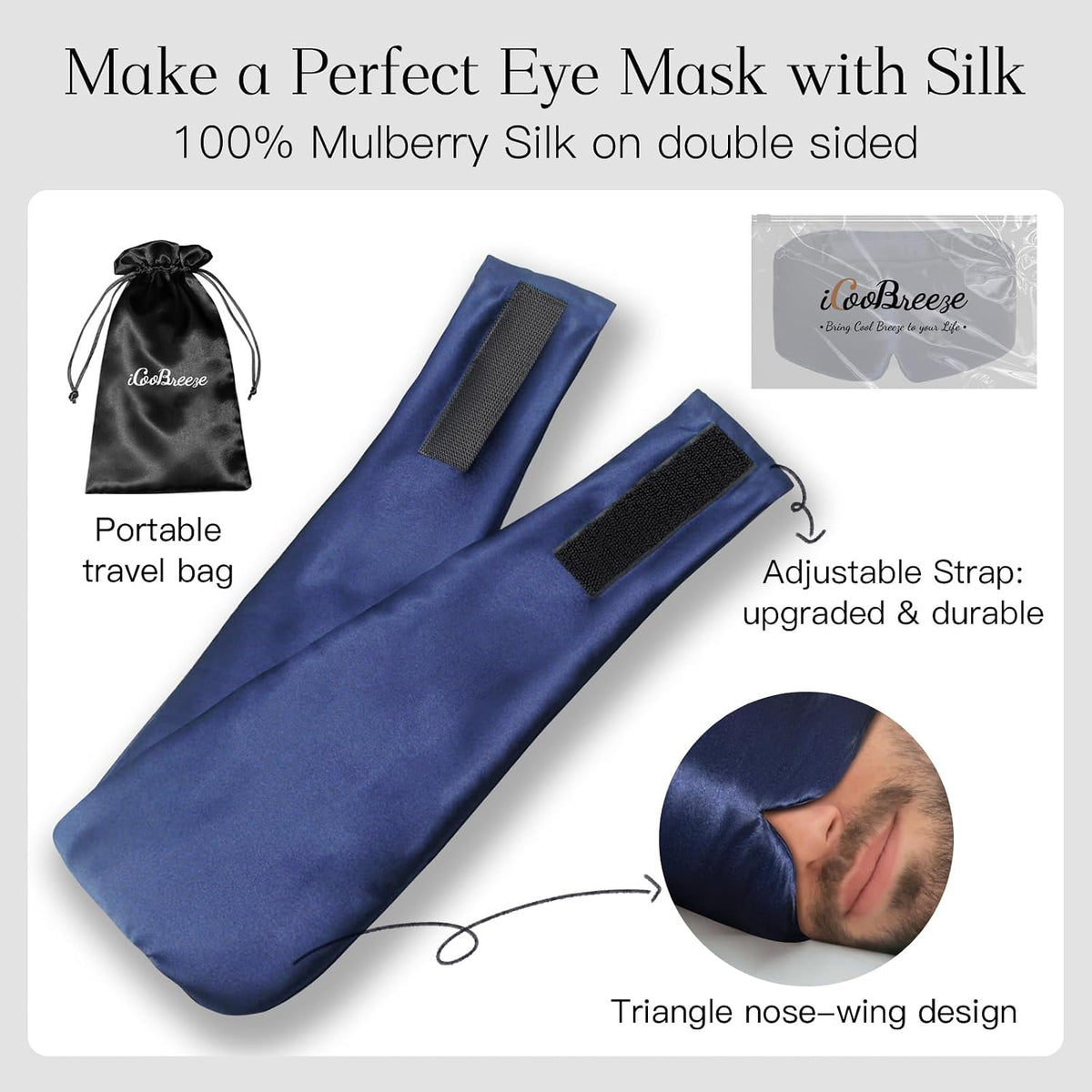100% Natural Silk Eye Mask for Women Men, Soft Pressureless Cooling Blackout Eye Covers for Sleeping, Large Size Sleep Mask fits All Heads Adjustable, 1PC, Black