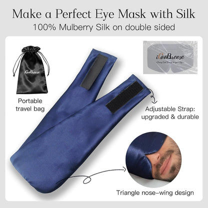 100% Natural Silk Eye Mask for Women Men, Soft Pressureless Cooling Blackout Eye Covers for Sleeping, Large Size Sleep Mask fits All Heads Adjustable, 1PC, Black