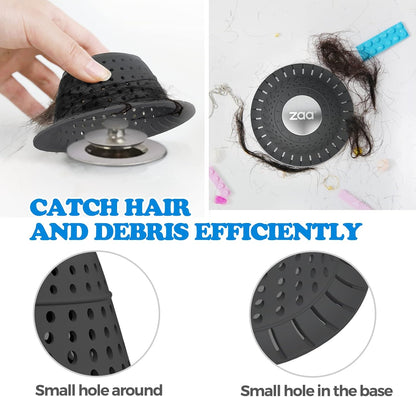 Bathtub Drain Strainer Silicone Bathroom Stopper Fixture Accessories | 2-Pack Gray Collapsible Shower Drain Hair Catcher for Pop Up Tubs, Traps Hair Before Clogs, Easy Clean for Bathroom Sinks