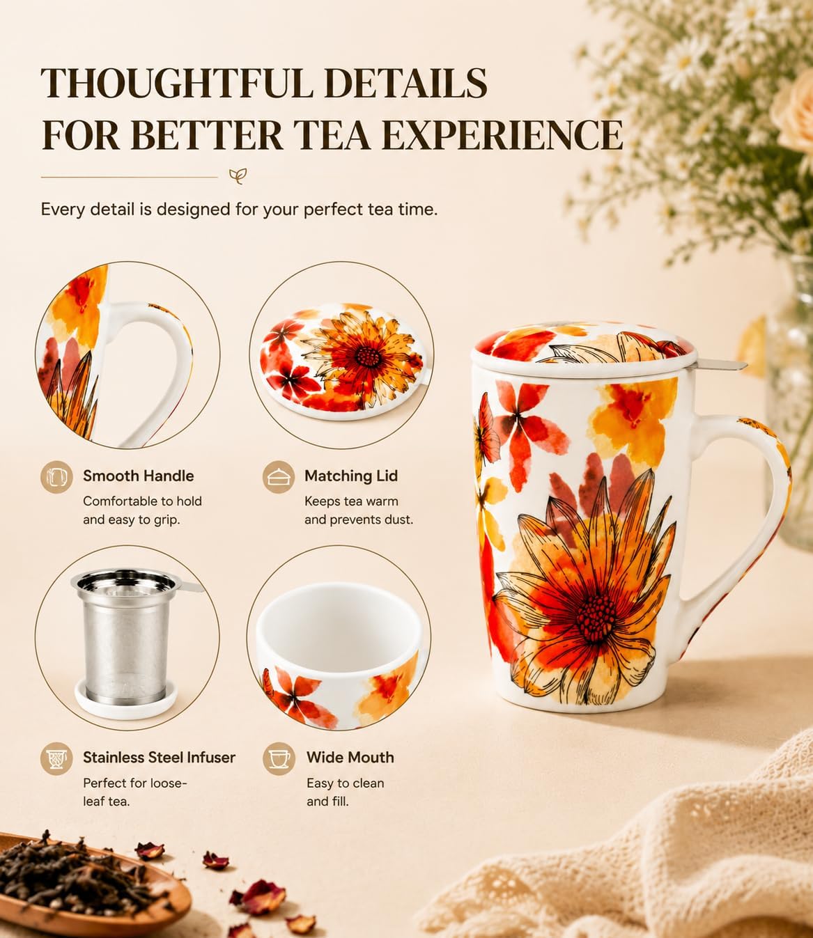 GBhome Tea Mug with Infuser and Lid,18 Ounce Ceramic Loose Leaf Cup Steeper