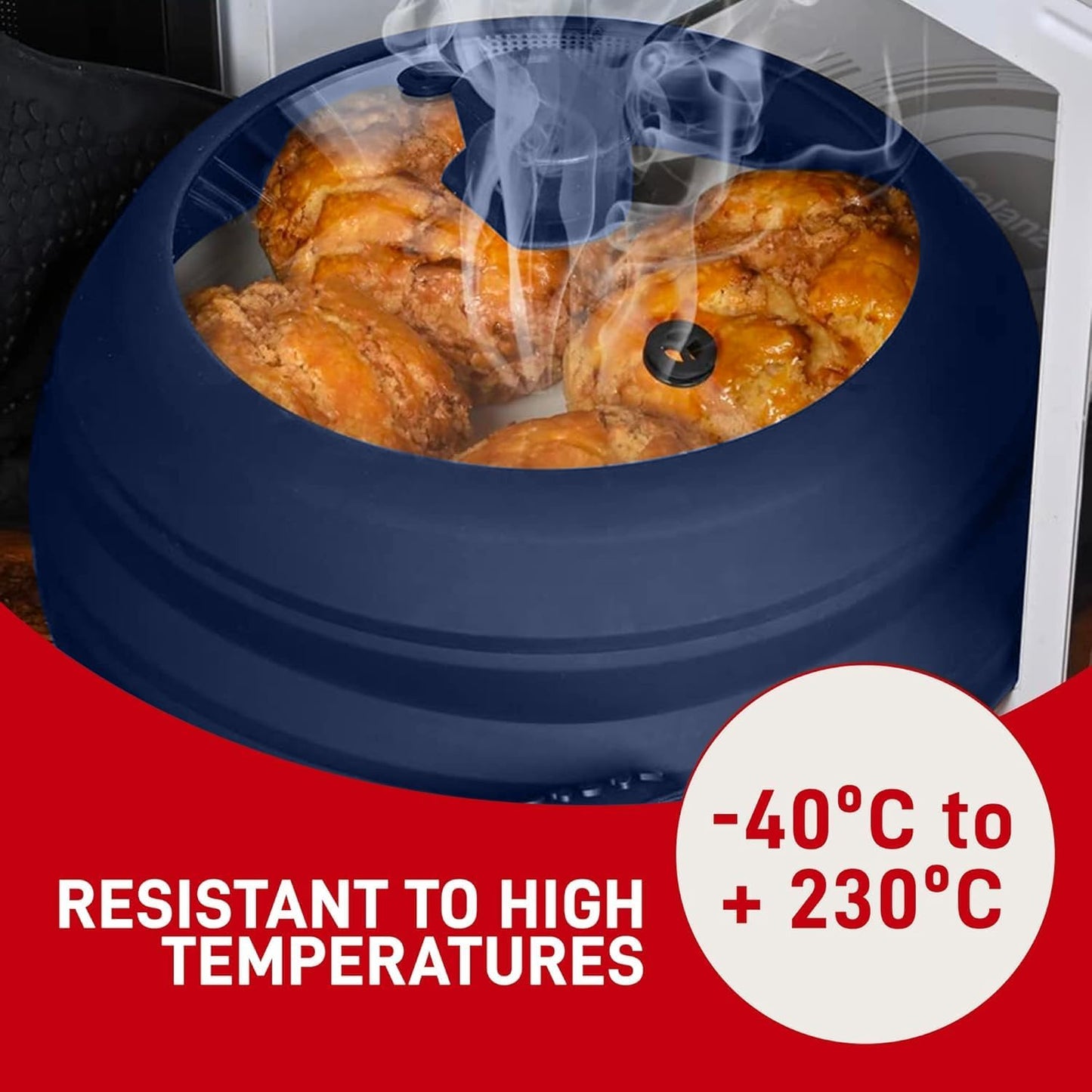 Microwave Splatter Cover Glass 11.8 Inch - Collapsible Microwave Splatter Cover for Plate & Bowl - Tempered Glass Top, Food-Grade Silicone Dome with Heating Vents & Heat-Safe Handle (BLACK)
