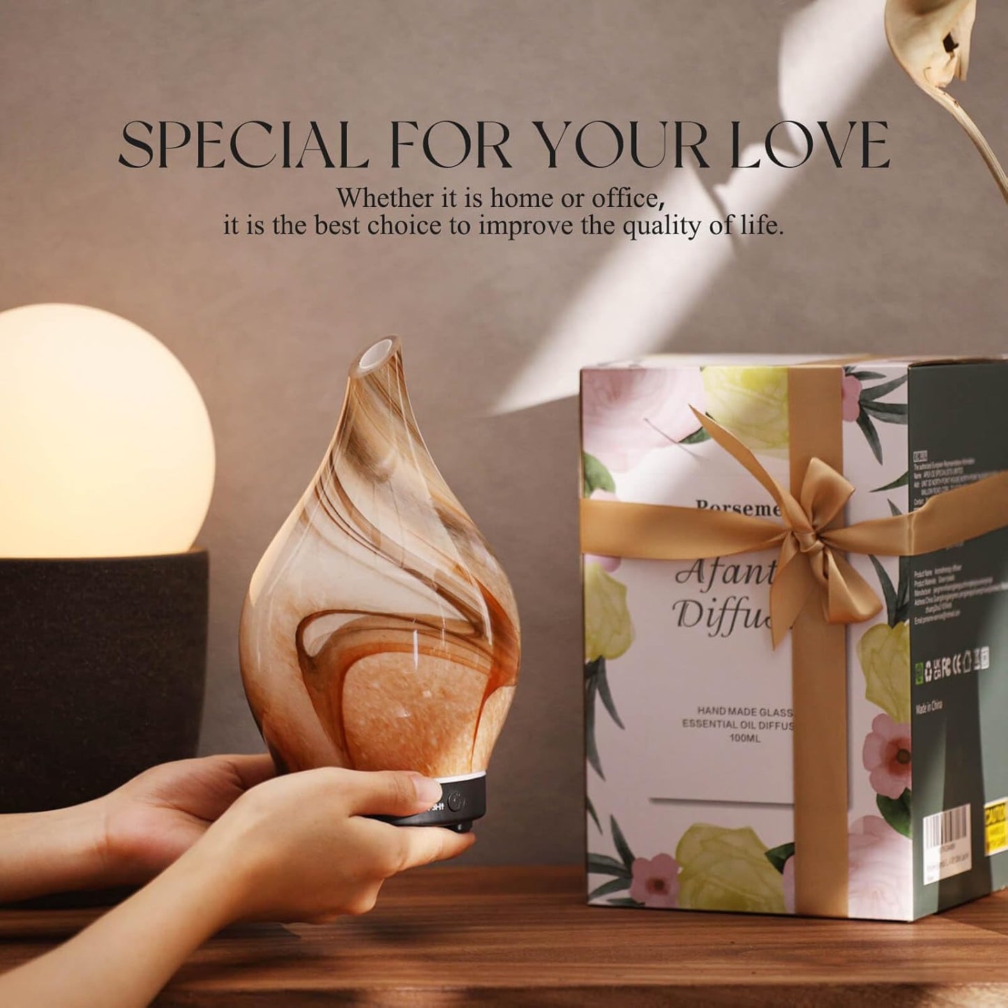 Porseme Oil Diffuser 3D Glass Aromatherapy Ultrasonic Humidifier, Air Refresh Auto Shut-Off, Timer Setting, BPA Free for Home Hotel Yoga Leisure SPA Gift 150ml Last 6H - Colors A