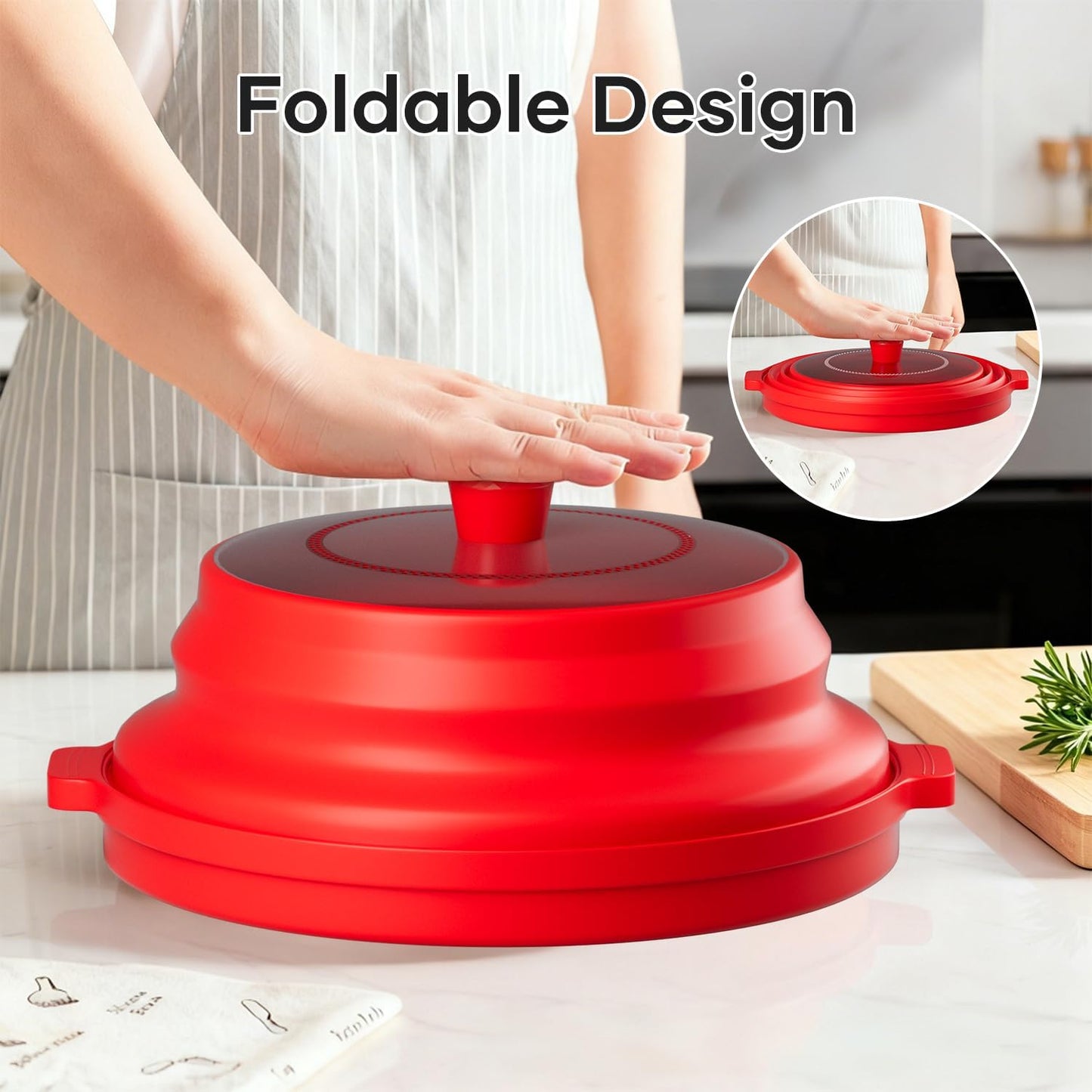 2 in 1 Microwave Splatter Cover for Food with Anti-scald Base Plate, Large Plastic & Silicone Collapsible Vented Food Guard Lid, Plate Holder & Kitchen Colander (Black)