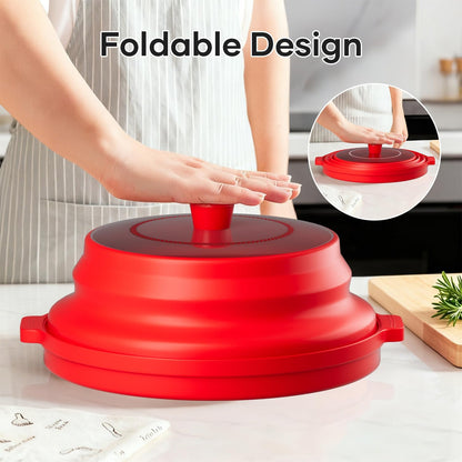 2 in 1 Microwave Splatter Cover for Food with Anti-scald Base Plate, Large Plastic & Silicone Collapsible Vented Food Guard Lid, Plate Holder & Kitchen Colander (Black)
