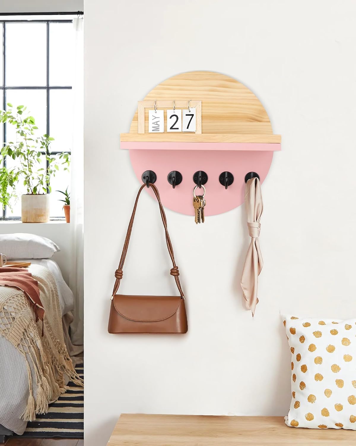 Gurfuy Key Holder for Wall with Shelf - Wood Mail Organizer and Rack with Shelf Hooks Wall Mounted for Entryway Decor Magazines Letter Storage Farmhouse Living Room Bedroom Doorway Green