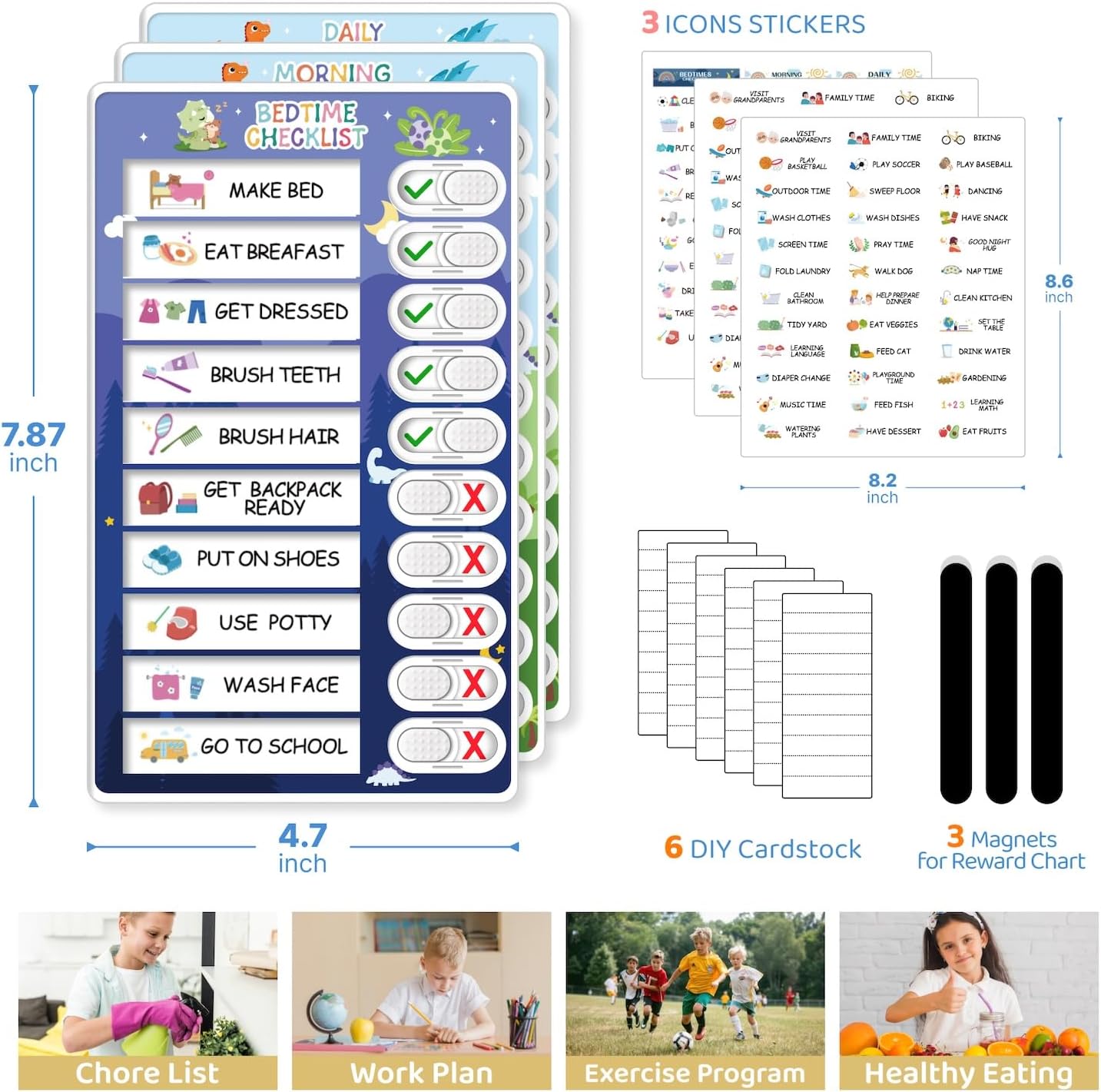 Upgraded Slider 4 in 1 Reward Chart for Kids, Reusable Bedtime/Morning/Daily Routine Chart for Kids, Magnetic Chore Chart for Kids Toddlers, Sticker Chart for Kids Behavior Chart for Kids at Home