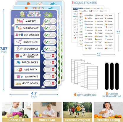 Upgraded Slider 4 in 1 Reward Chart for Kids, Reusable Bedtime/Morning/Daily Routine Chart for Kids, Magnetic Chore Chart for Kids Toddlers, Sticker Chart for Kids Behavior Chart for Kids at Home