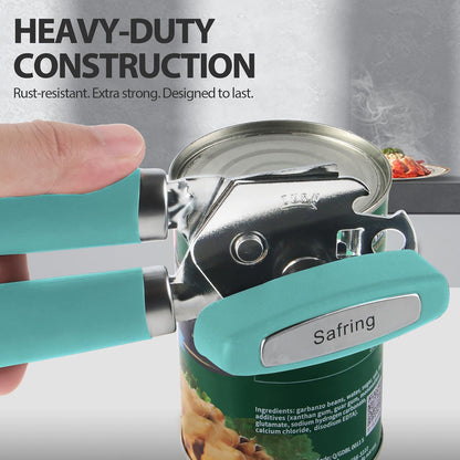 Safring Can Opener Manual, Heavy Duty Handheld Strong Can Opener with Soft Touch Handle, Sharp Blade Smooth Edge, Can Openers with Multifunctional Bottle Opener, Black