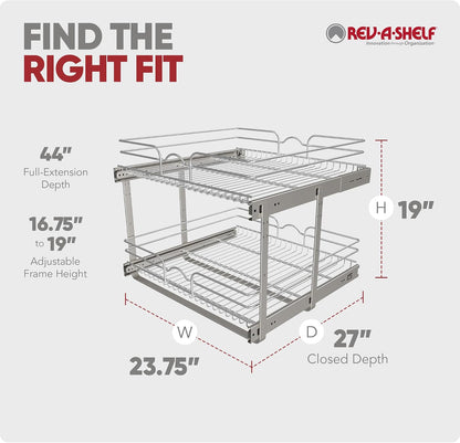Rev-A-Shelf Pullout Organizer for Cabinets, Min Opening Width of 18" | STwo-Tier Steel Shelf for Kitchen or Vanity Cabinet Organization, Heavy Gauge Wire Slide Out Storage Basket, 5WB2-1822CR-1