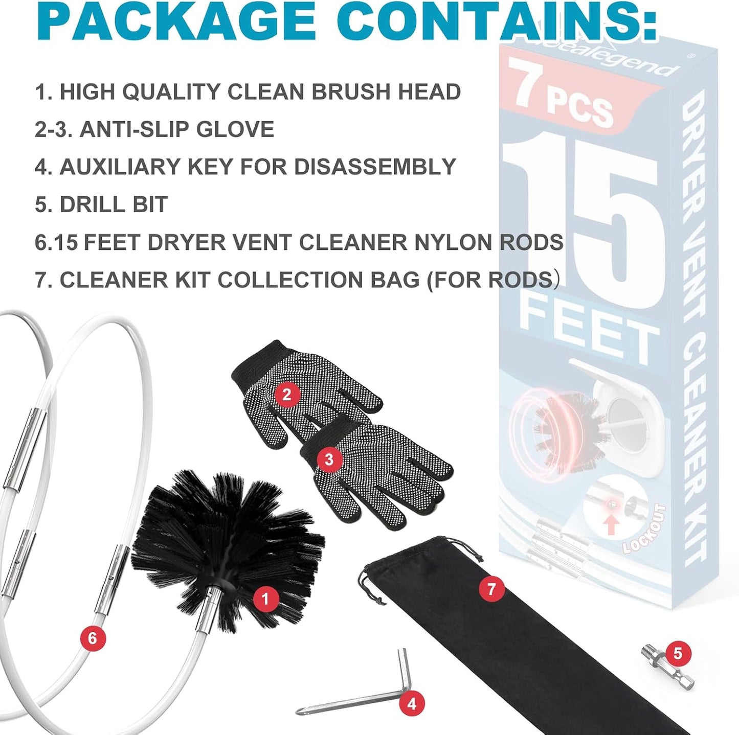 Sealegend 50Ft Dryer Vent Cleaner Kit, Flexible Lint Remover | Upgraded Quick-Snap Brush with Drill Attachment for Easy to Use, Deep Clean, Lint Removal, Easy DIY Assembly, Home Essential