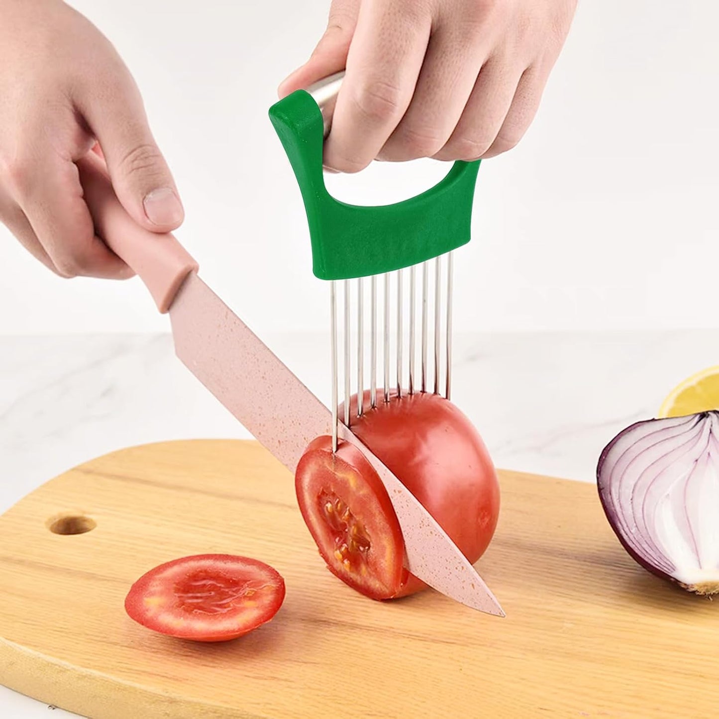 Stainless Steel Onion Holder for Slicing,Onion Slicer Holder,Kitchen Gadget | Green Onion Slicer Holder, Onion Cutter for Slicing of Onions, Tomatoes, Avocados, Eggs and Other Vegetables