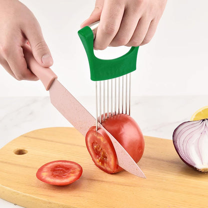 Stainless Steel Onion Holder for Slicing,Onion Slicer Holder,Kitchen Gadget | Green Onion Slicer Holder, Onion Cutter for Slicing of Onions, Tomatoes, Avocados, Eggs and Other Vegetables
