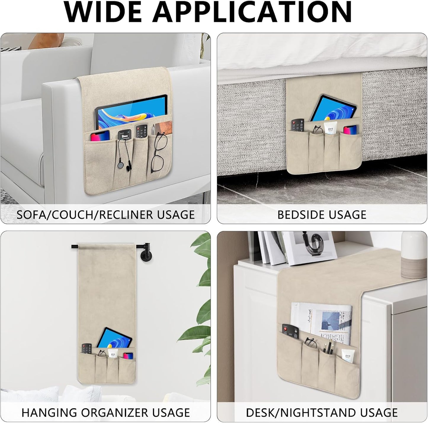 Remote Control Holder, Anti Slip Armchair Caddy Couch Caddy with 5 Pockets | Remote Holder Couch Caddy with 5 Pockets for Storage Accessories Bedside Organizer Senior Gifts (Beige,35''x12.4'')