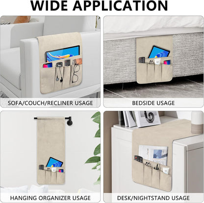 Remote Control Holder, Anti Slip Armchair Caddy Couch Caddy with 5 Pockets | Remote Holder Couch Caddy with 5 Pockets for Storage Accessories Bedside Organizer Senior Gifts (Beige,35''x12.4'')