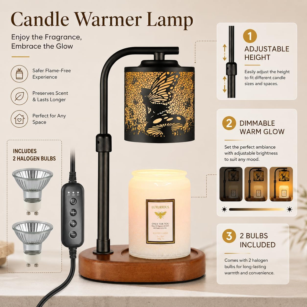 kobodon Candle Warmer Lamp with Timer Dragonfly Electric Candle Lamp Warmer