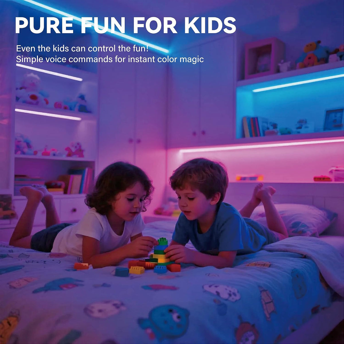 AI Voice Activated Under Bed Lights Strip,Indoor Kids Bedroom Night Lights RGBW, No App/Wifi Required, Dimmable Color Changing Strong Adhesive, Music Sync USB Powered 16.4ft for Kitchen Cabinet