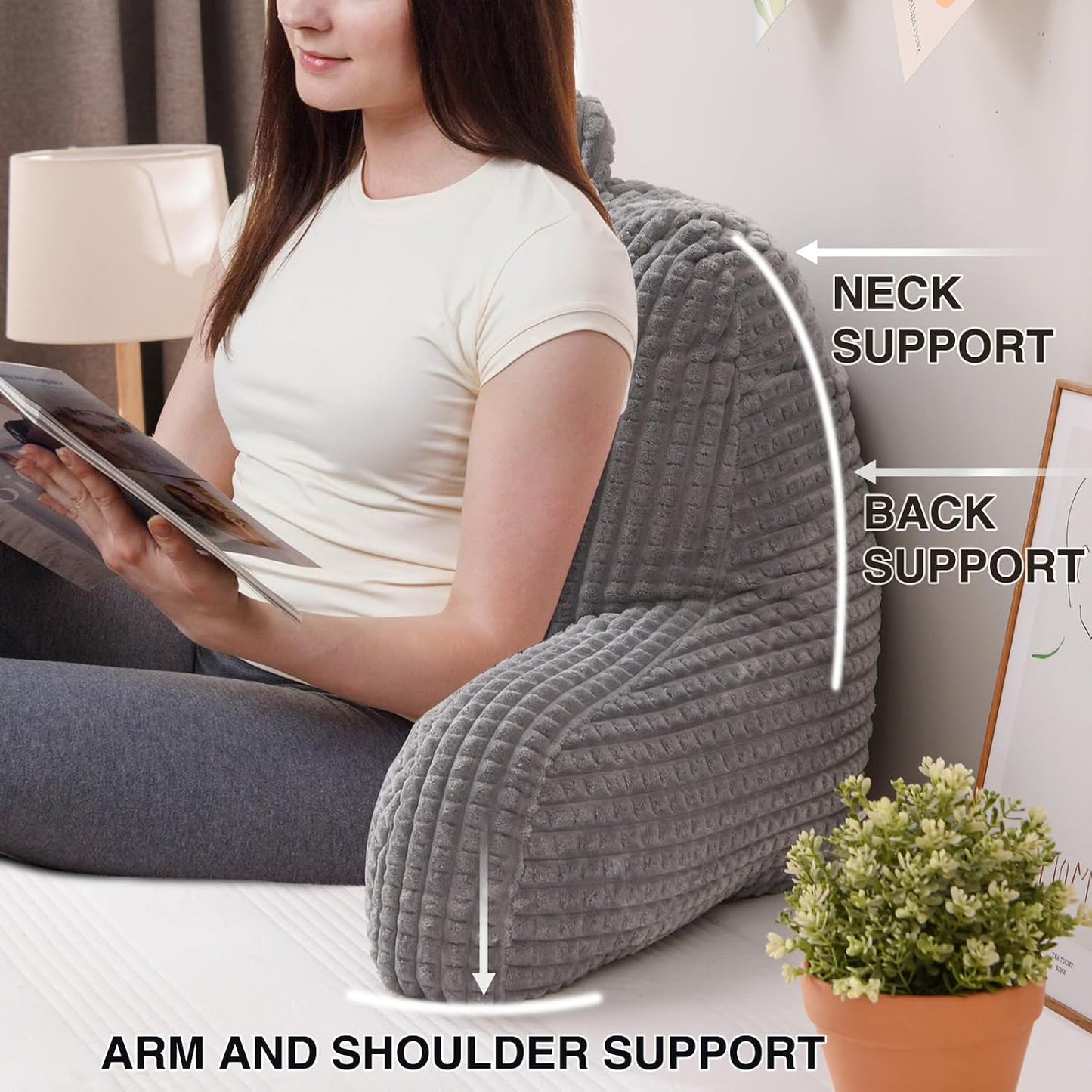 A Nice Night Darkgrey 17" Bed Wedge Pillows with Arms for Sitting | Waffle Stereoscopic Design,Backrest Back Pillow For Adults, Standard Pillow Supports,Gaming & Relaxing in Bed,Couch,Floor
