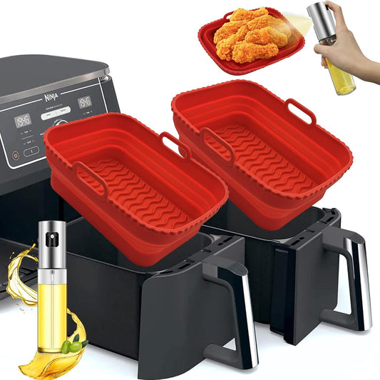 Daily Treasures 2-Pack Foldable Air Fryer Liners For Dual Air Fryer With 1-Pack Oil Sprayer Dispenser, Reusable Silicone Liner In Red